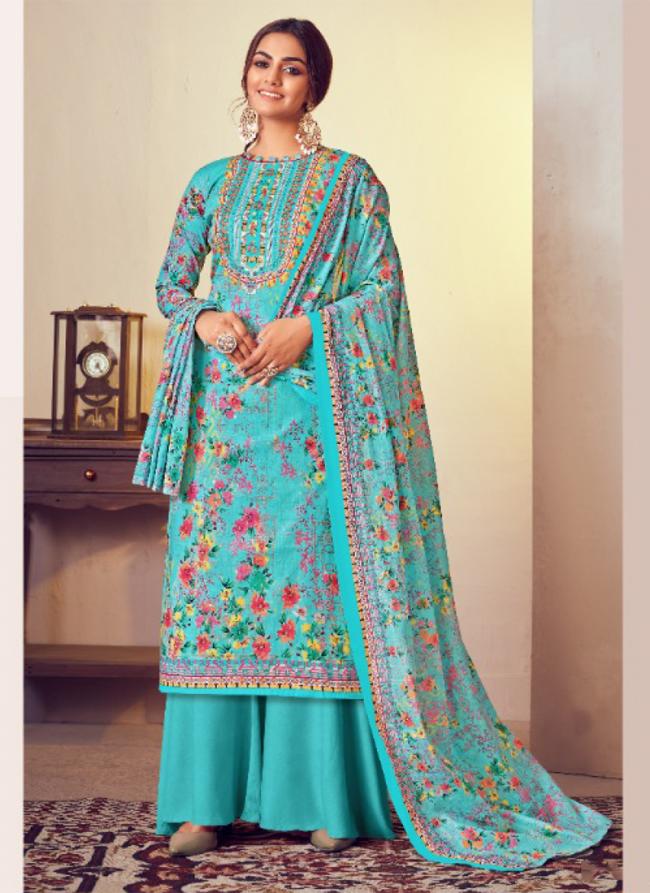 Lawn Cotton Sky Blue Party Wear Digital Print Plazzo Salwar Suit